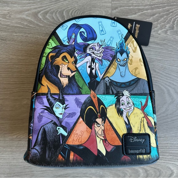 🆕 Loungefly x Disney Villains Group Pinwheel Vegan Leather Unisex Mini Backpack